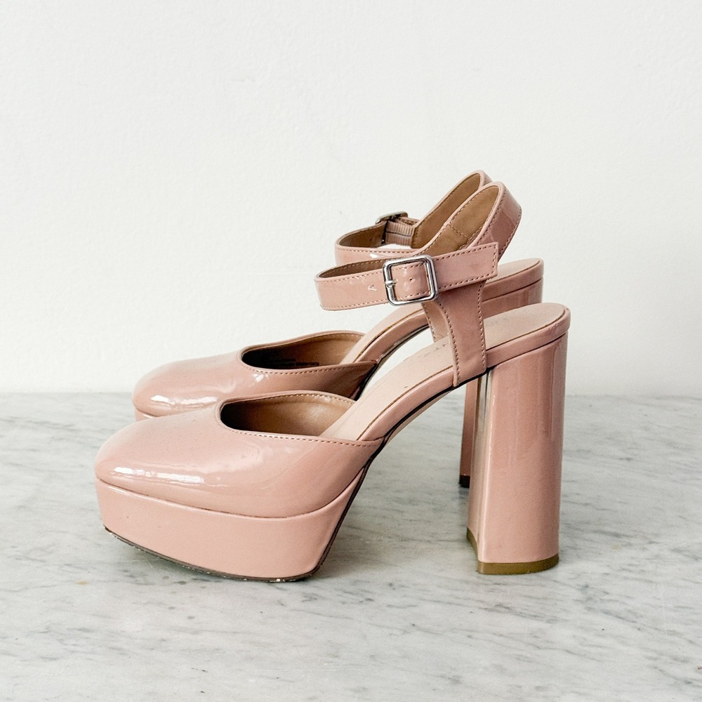 Limelight Platform Heels Square Toe Block Heel 6 Blush Pink Patent Ankle Strap